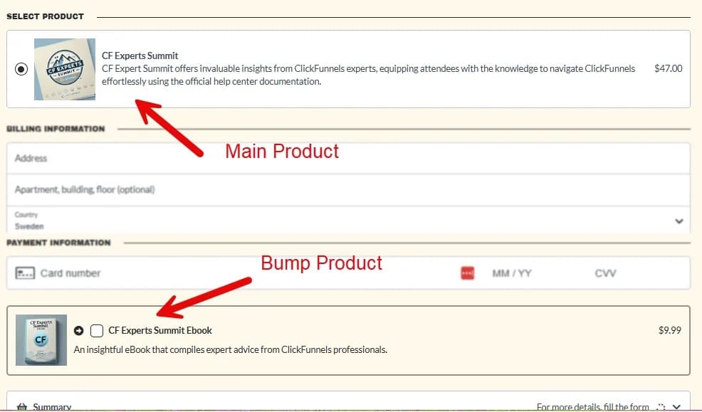 ClickFunnels order form with a $47 main product and a $9.99 order bump