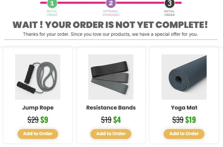 ClickFunnels one-time-offer page: three add-to-order products with struck prices