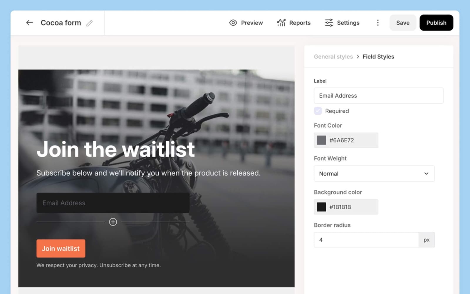 Kit form builder: a Join the waitlist form with field styles and a Publish button