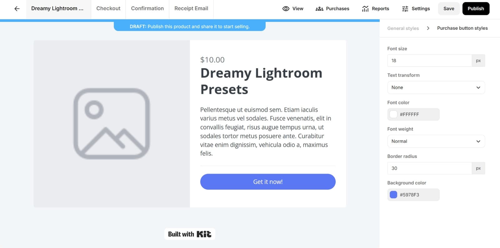Kit product builder: Dreamy Lightroom Presets, $10.00, with a checkout page editor