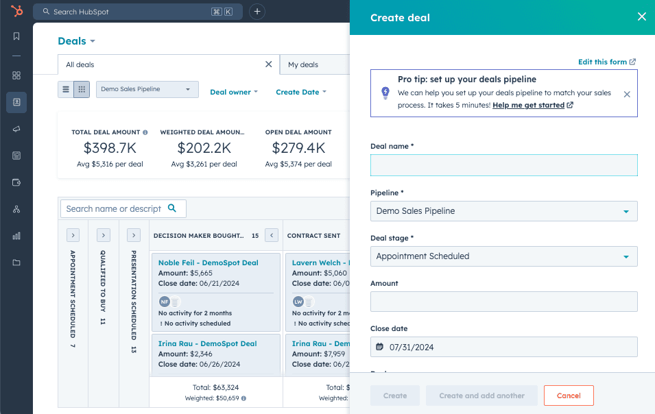 HubSpot deals board with the Create deal panel open