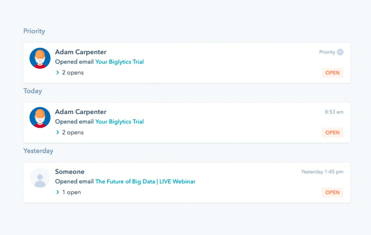 Email tracking feed: Adam Carpenter opened email, 2 opens