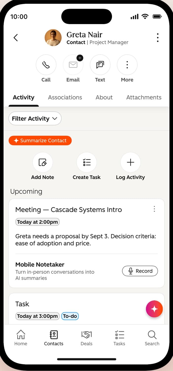 HubSpot iPhone app contact record
