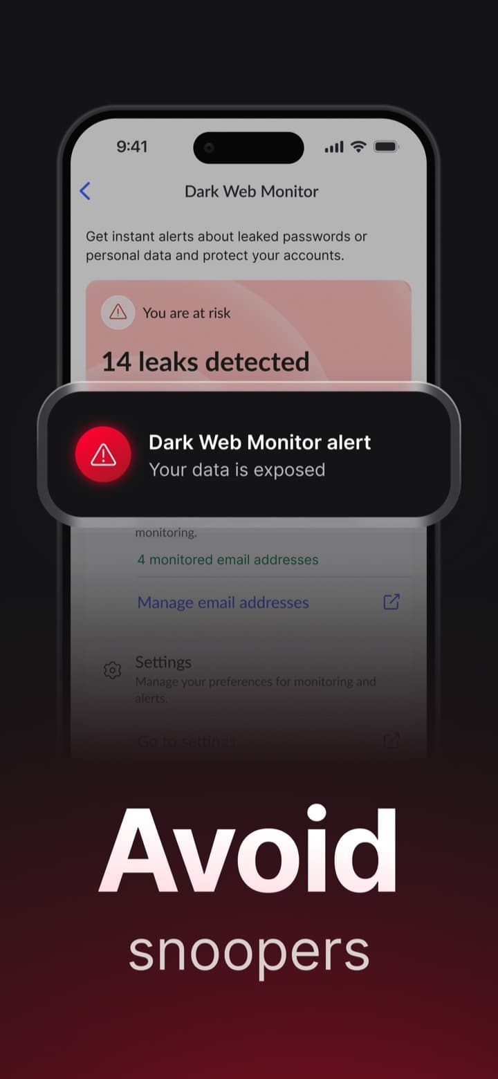 NordVPN App Store screenshot: Dark Web Monitor showing 14 leaks detected and an alert that your data is exposed