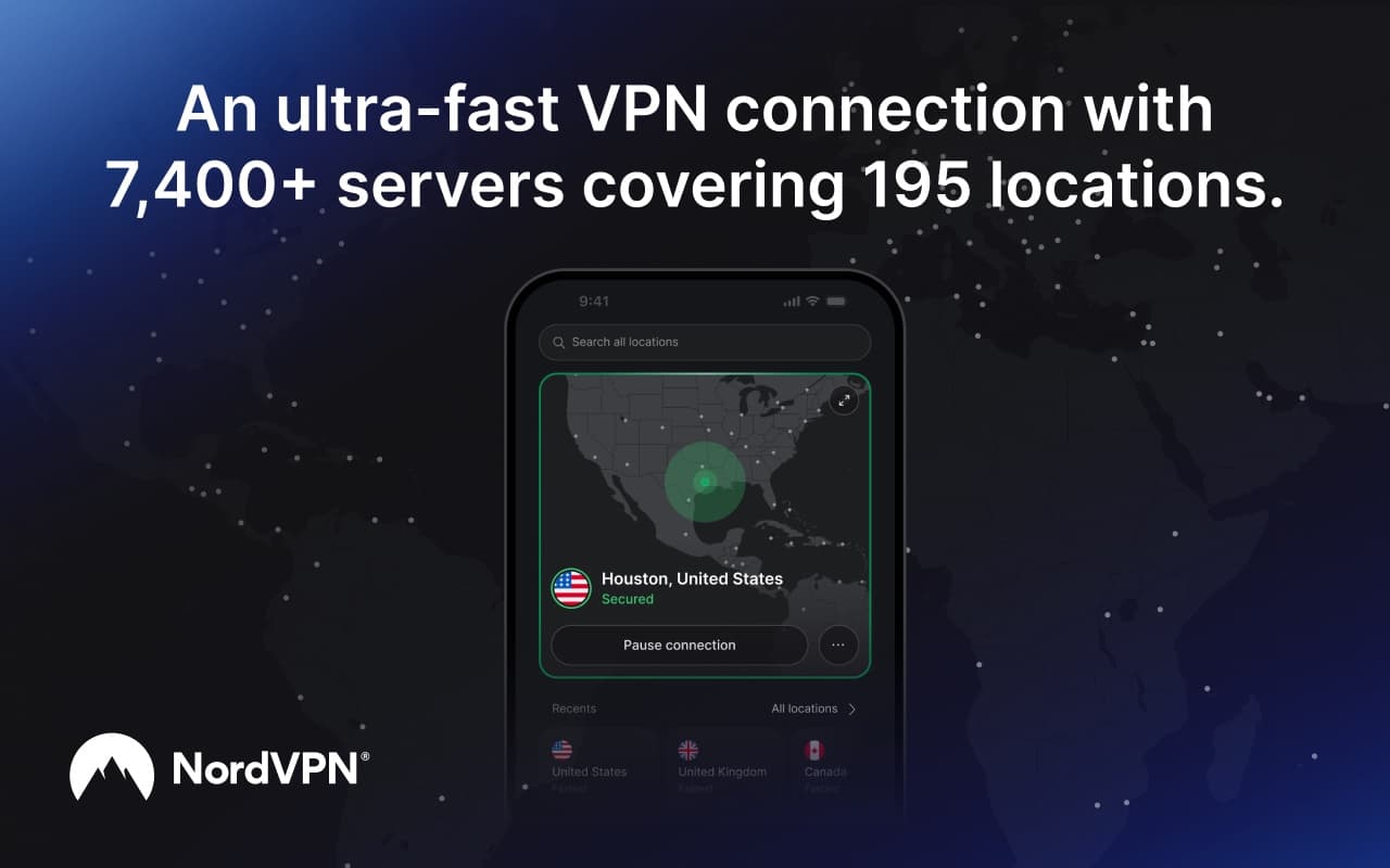 NordVPN Chrome extension listing image: 7,400+ servers covering 195 locations, connected to Houston