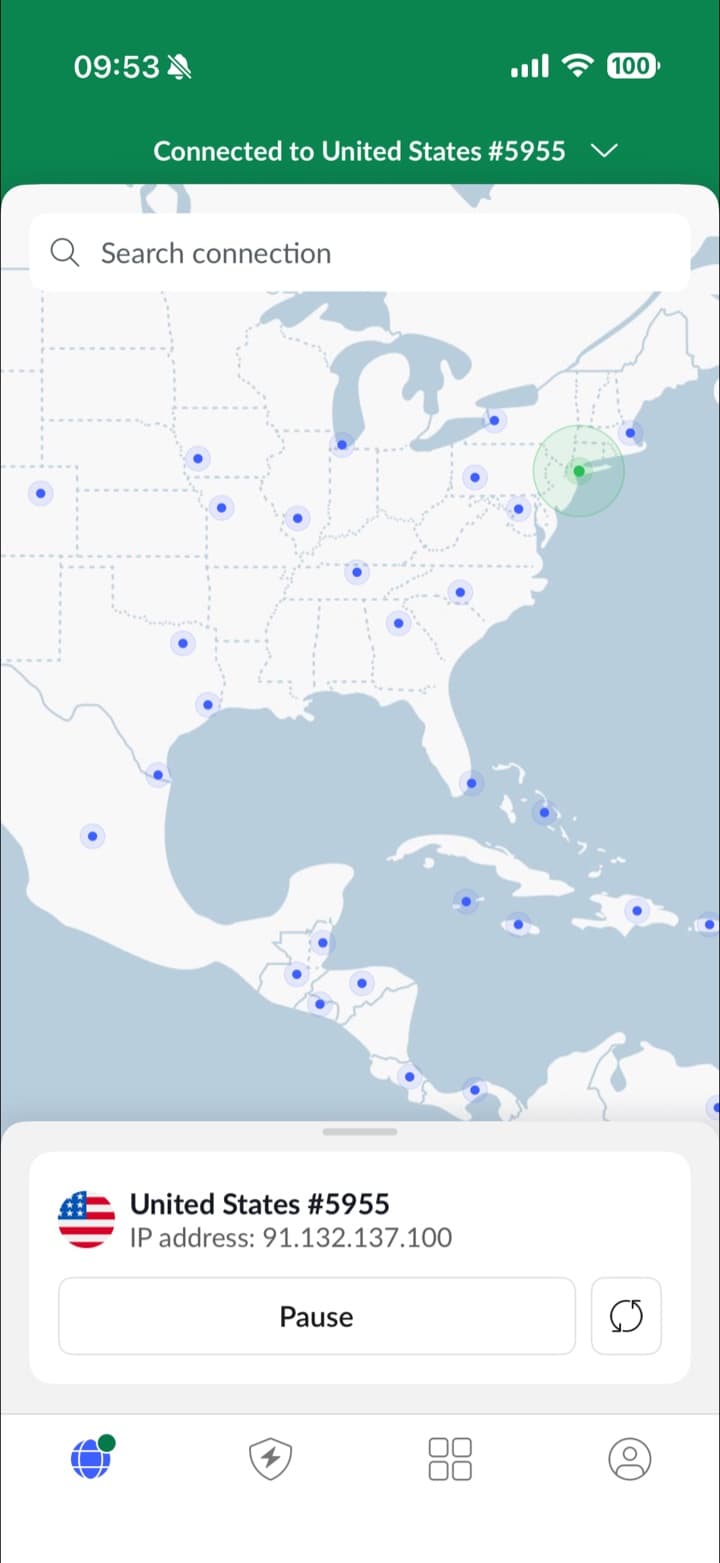NordVPN iPhone app connected to United States #5955, with the new IP address shown