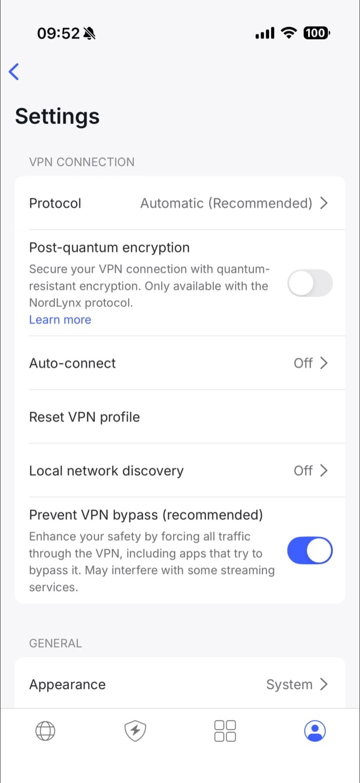 NordVPN iPhone settings: protocol, post-quantum encryption, auto-connect, prevent VPN bypass