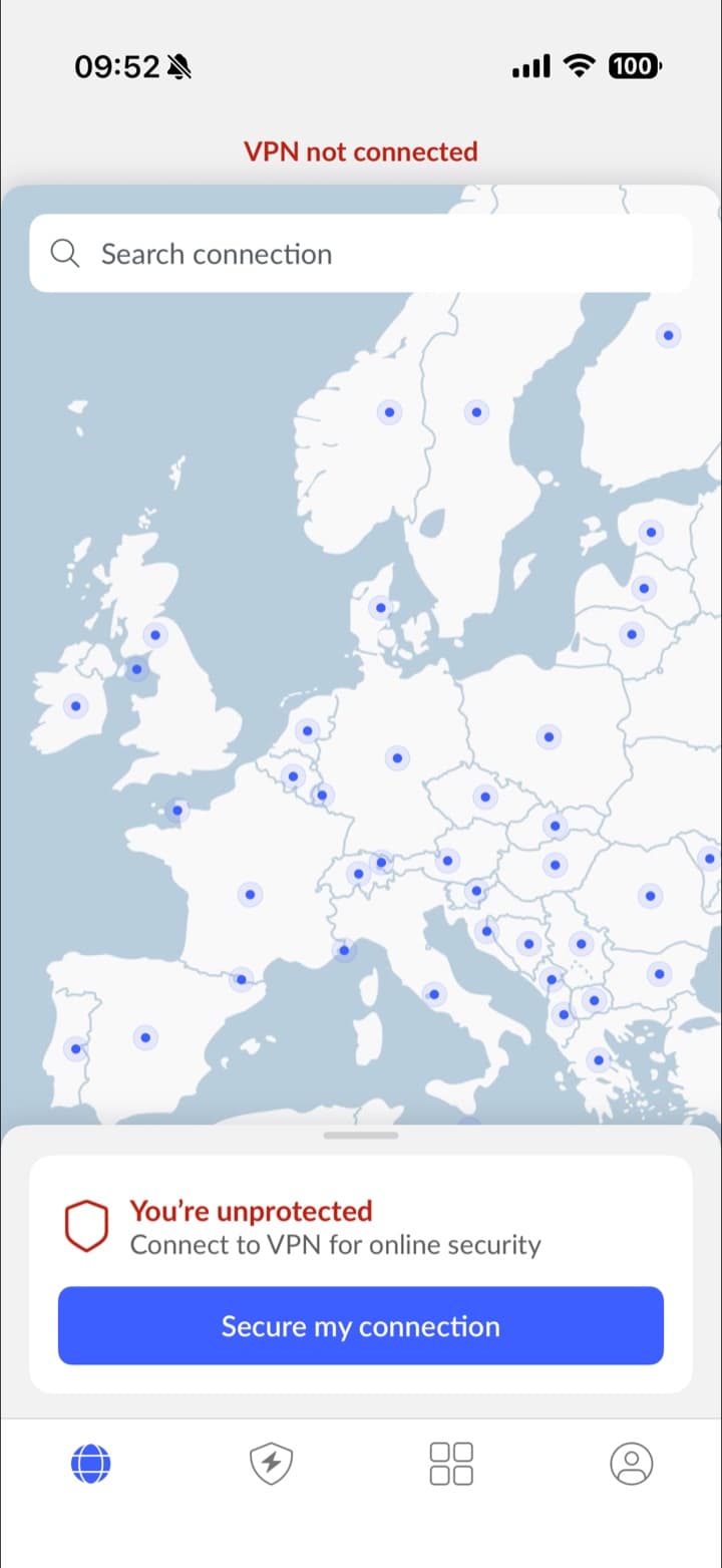 NordVPN iPhone app, not connected: 'You're unprotected' in red with a Secure my connection button