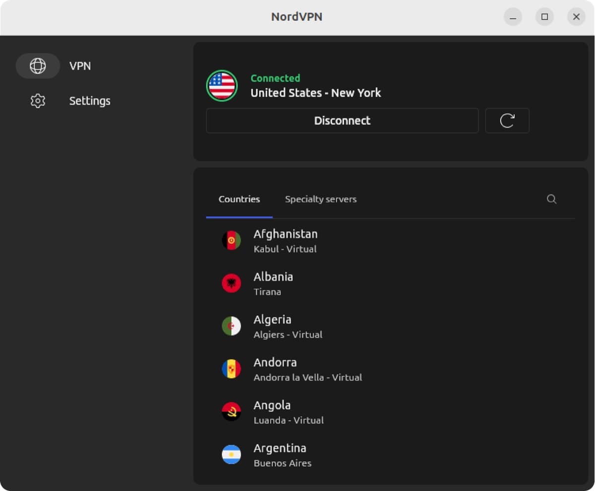 NordVPN Linux app connected to the United States