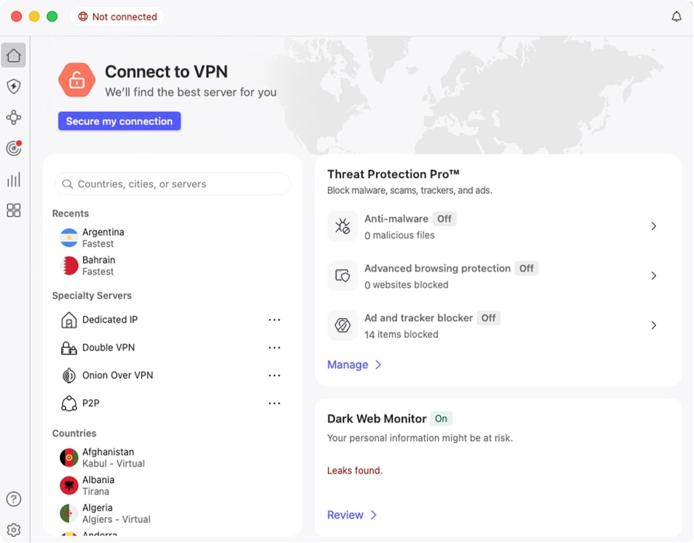 NordVPN Mac app before connecting: Connect to VPN, Secure my connection button, server list and map