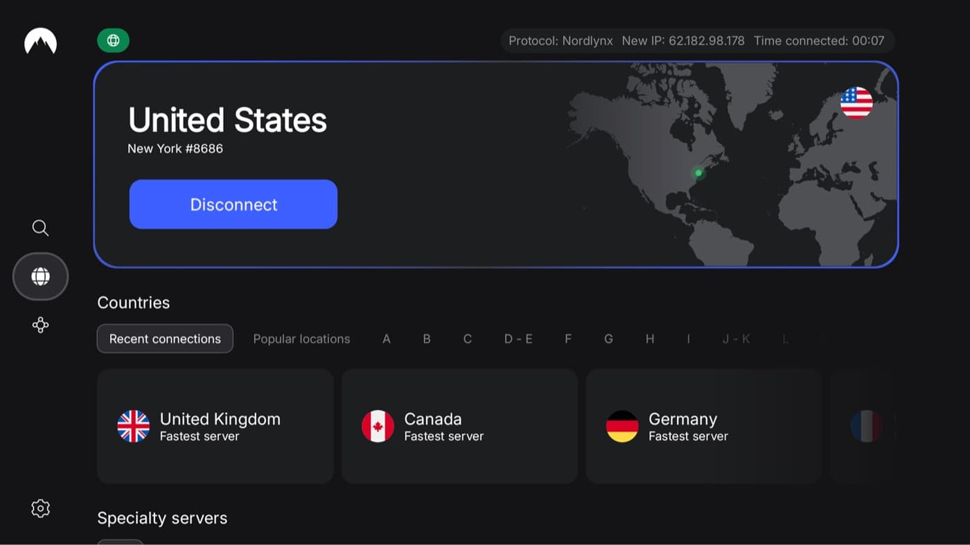 NordVPN Android TV app connected to the United States