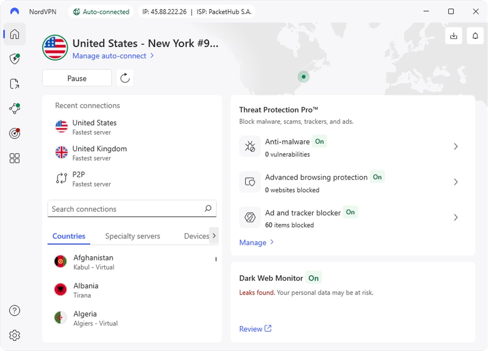 NordVPN Windows app auto-connected to New York
