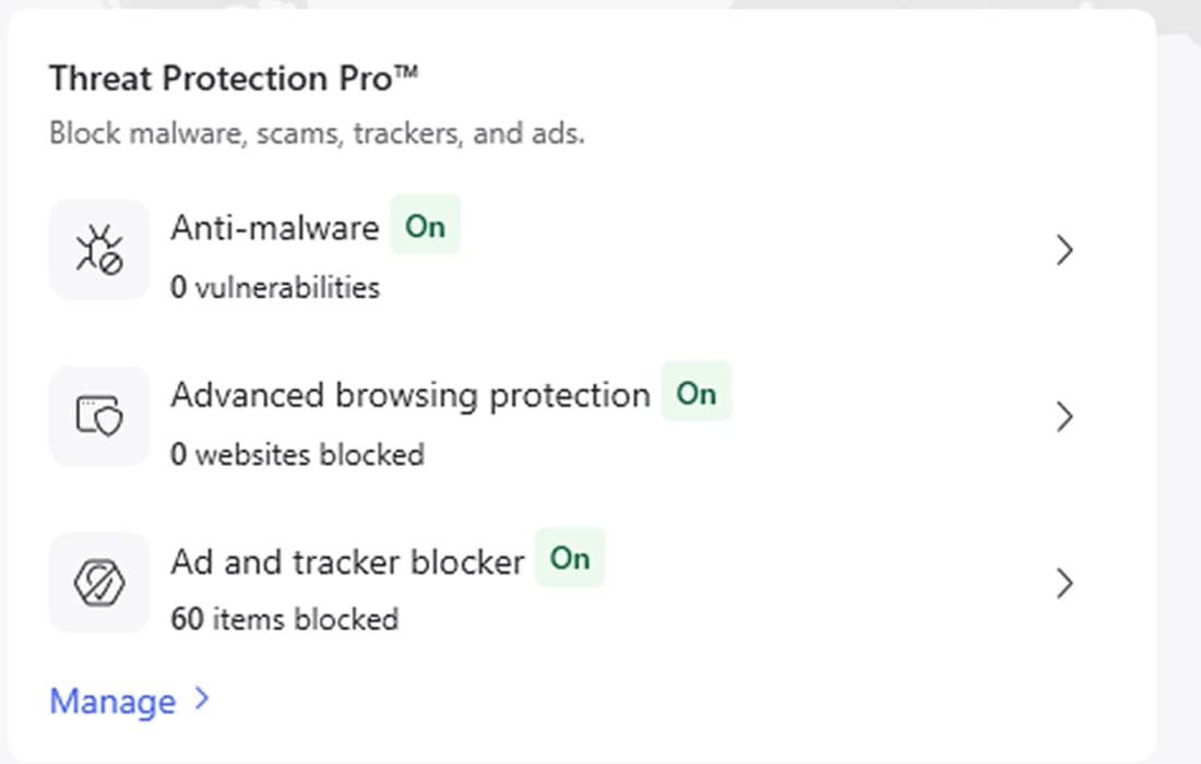 Threat Protection Pro panel in the NordVPN Windows app: anti-malware on, browsing protection on, ad and tracker blocker on, 60 items blocked