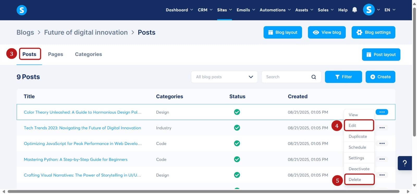 Systeme.io blog posts manager listing nine posts