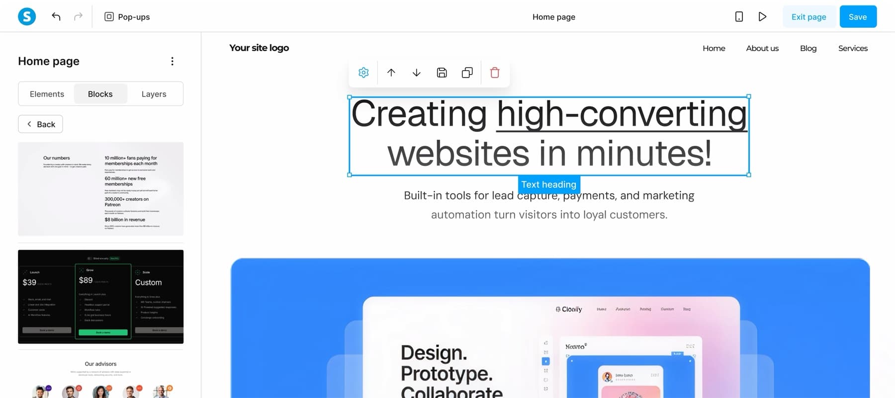 Systeme.io page editor with a heading selected on the canvas