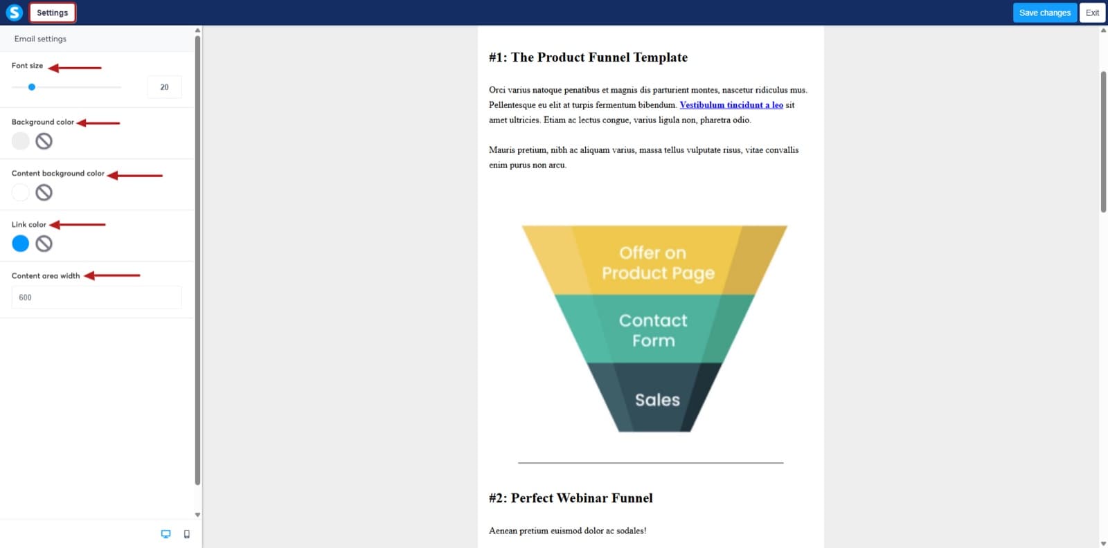 Systeme.io newsletter editor with a visual email and settings panel