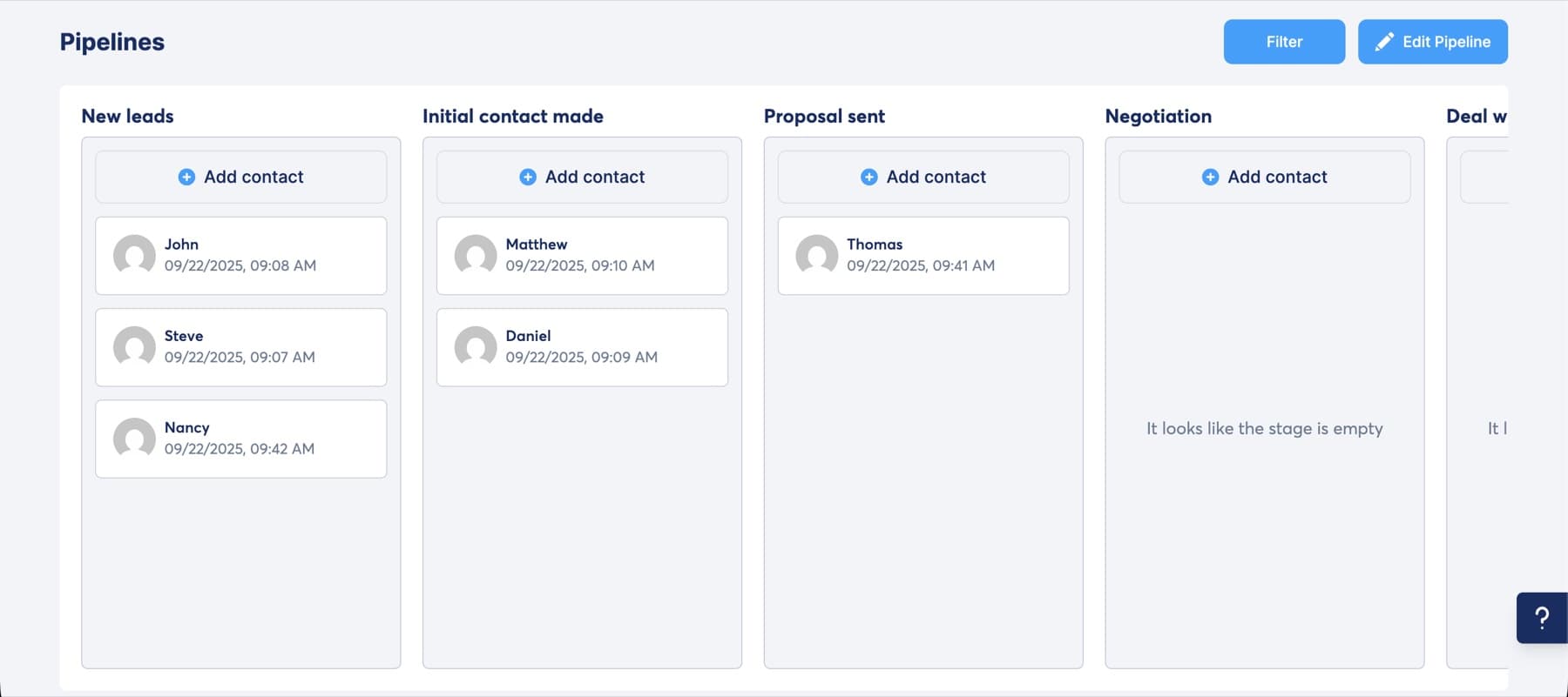 Systeme.io CRM pipeline board with new leads, contacted and proposal columns