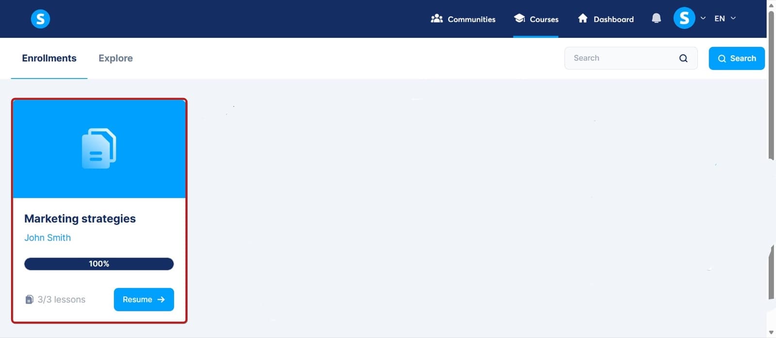 Systeme.io student area: a course at 100% progress with a Resume button