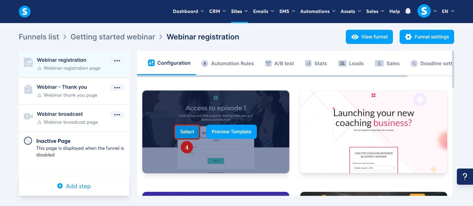 Systeme.io evergreen webinar funnel: registration, thank-you and broadcast steps