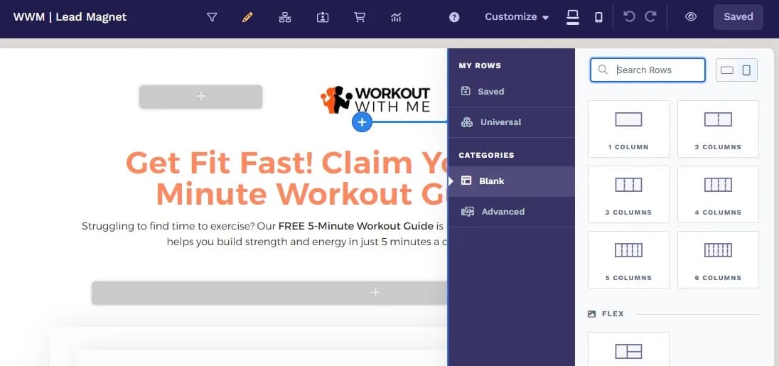 ClickFunnels page editor with a lead-magnet page open on the canvas and the rows library on the right