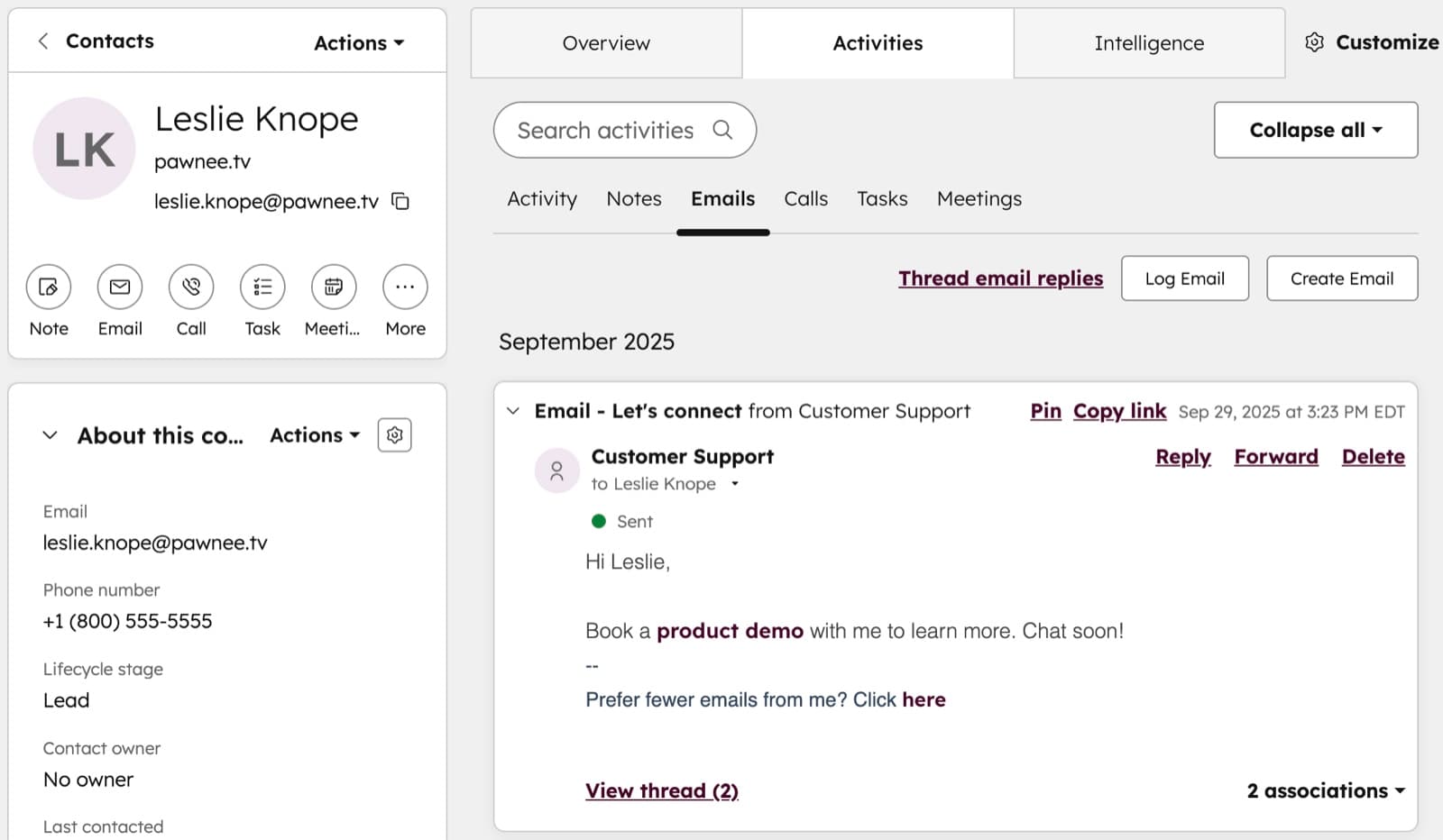HubSpot contact record for Leslie Knope