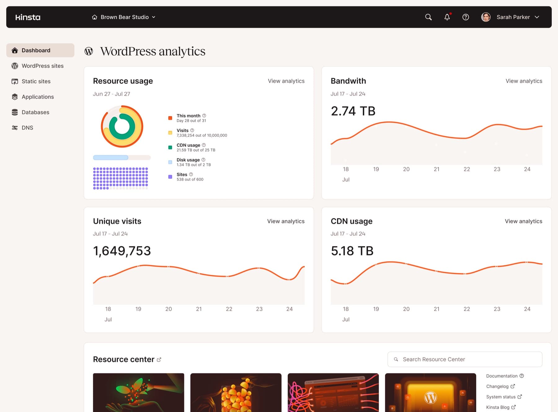 MyKinsta WordPress analytics graphs