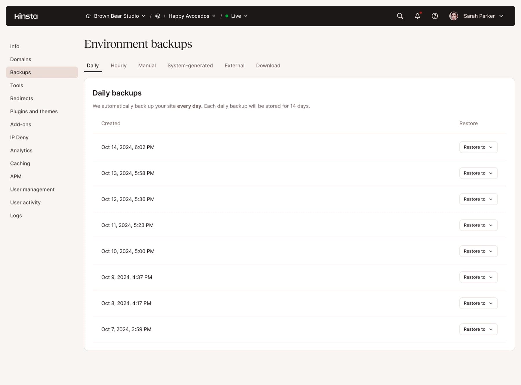 MyKinsta Environment backups, Daily tab, Restore rows