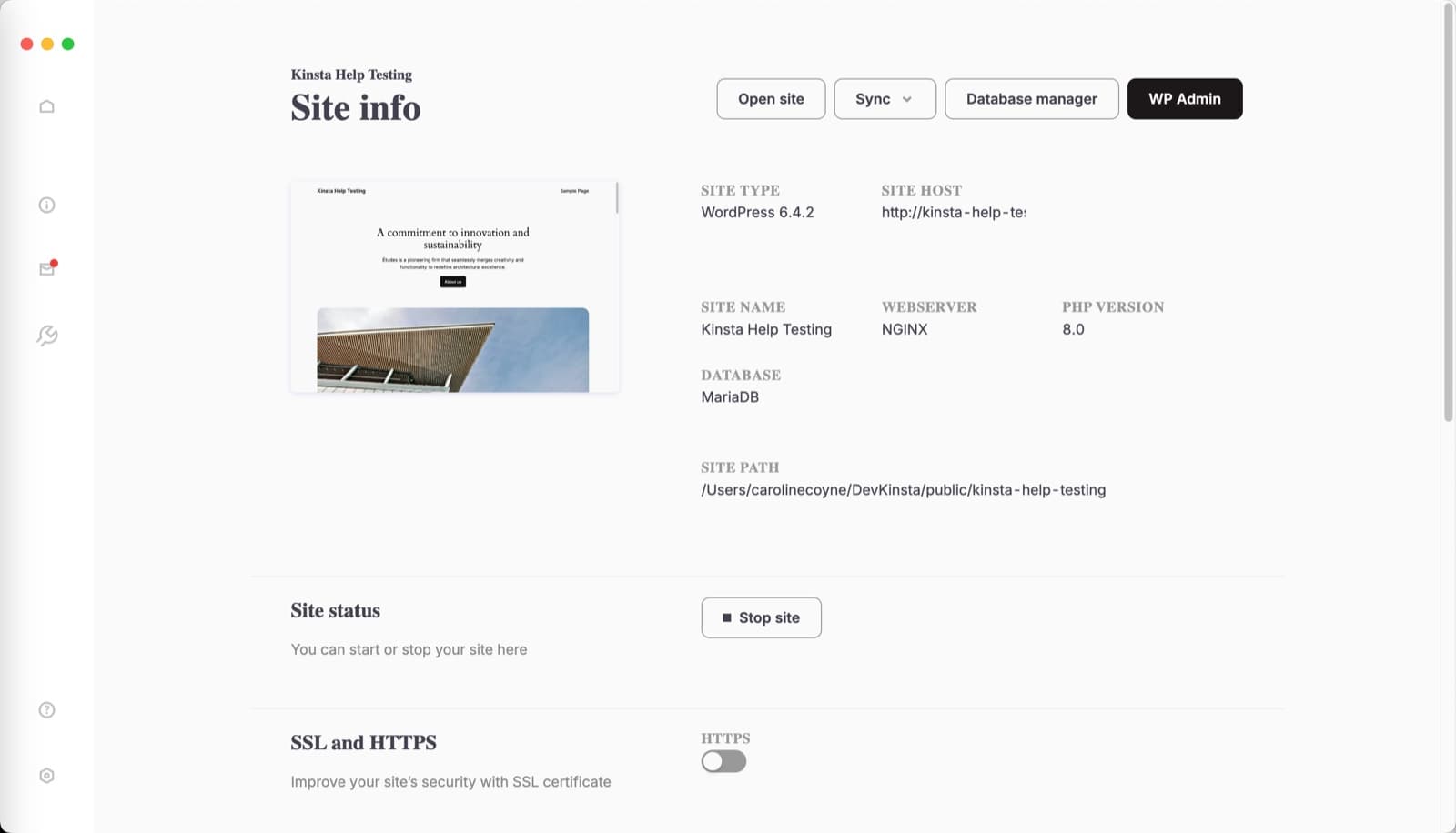 DevKinsta desktop app: site info