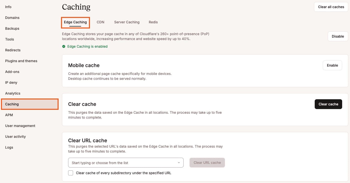 MyKinsta Caching: Edge Caching enabled