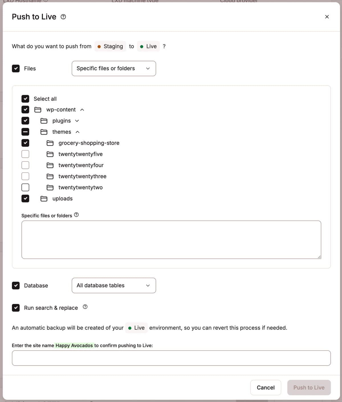 MyKinsta Push to Live dialog