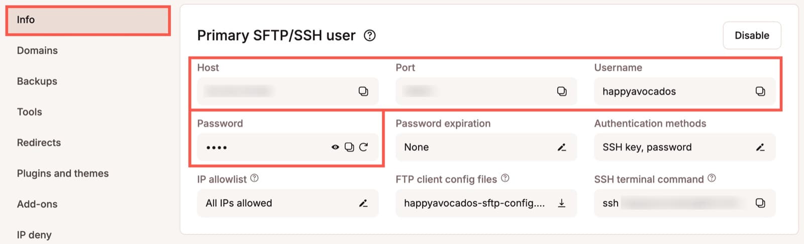 MyKinsta site info: SFTP and SSH user with IP allowlist