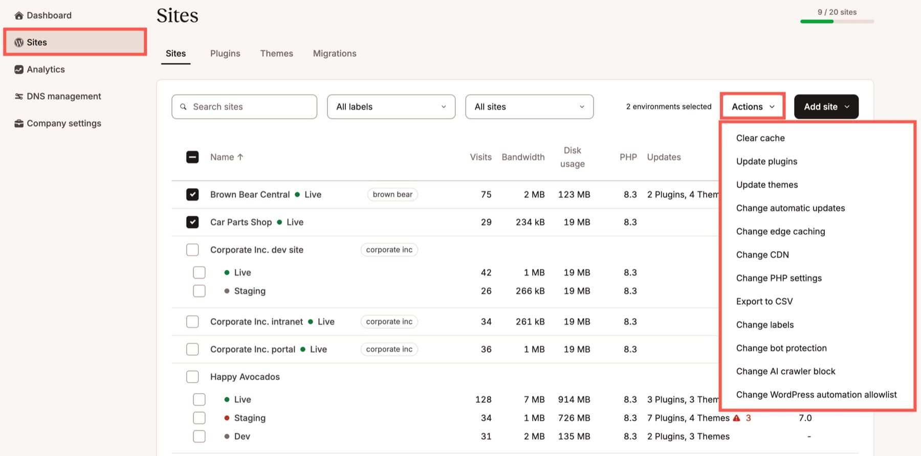 MyKinsta Sites list with Live, Staging and Dev environments and the bulk Actions menu open