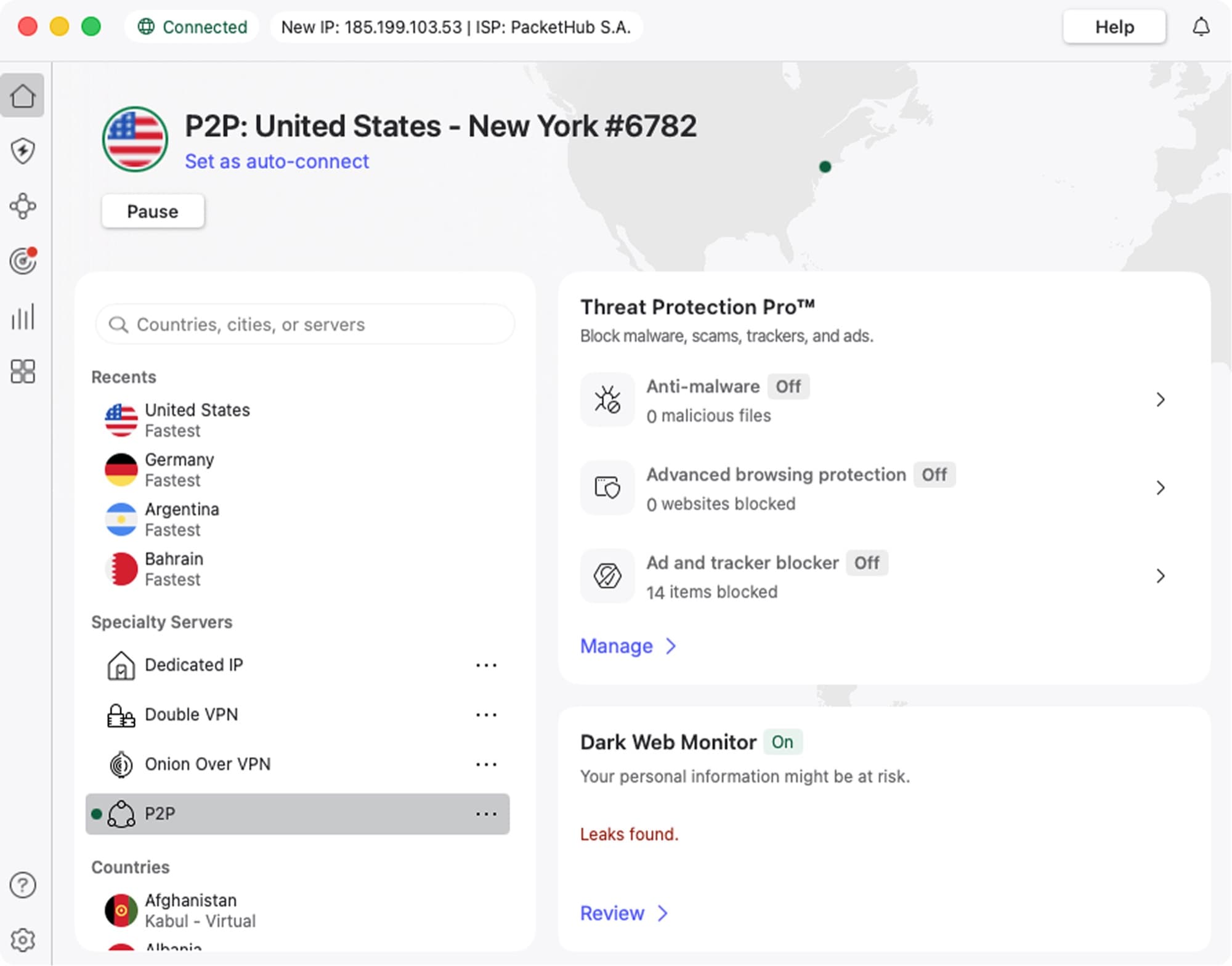 NordVPN Mac app, connected to a P2P server in New York. Threat Protection Pro and Dark Web Monitor panels on the right.