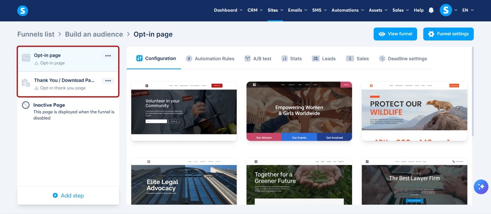 Systeme.io funnel builder: opt-in page and thank-you steps with a template gallery