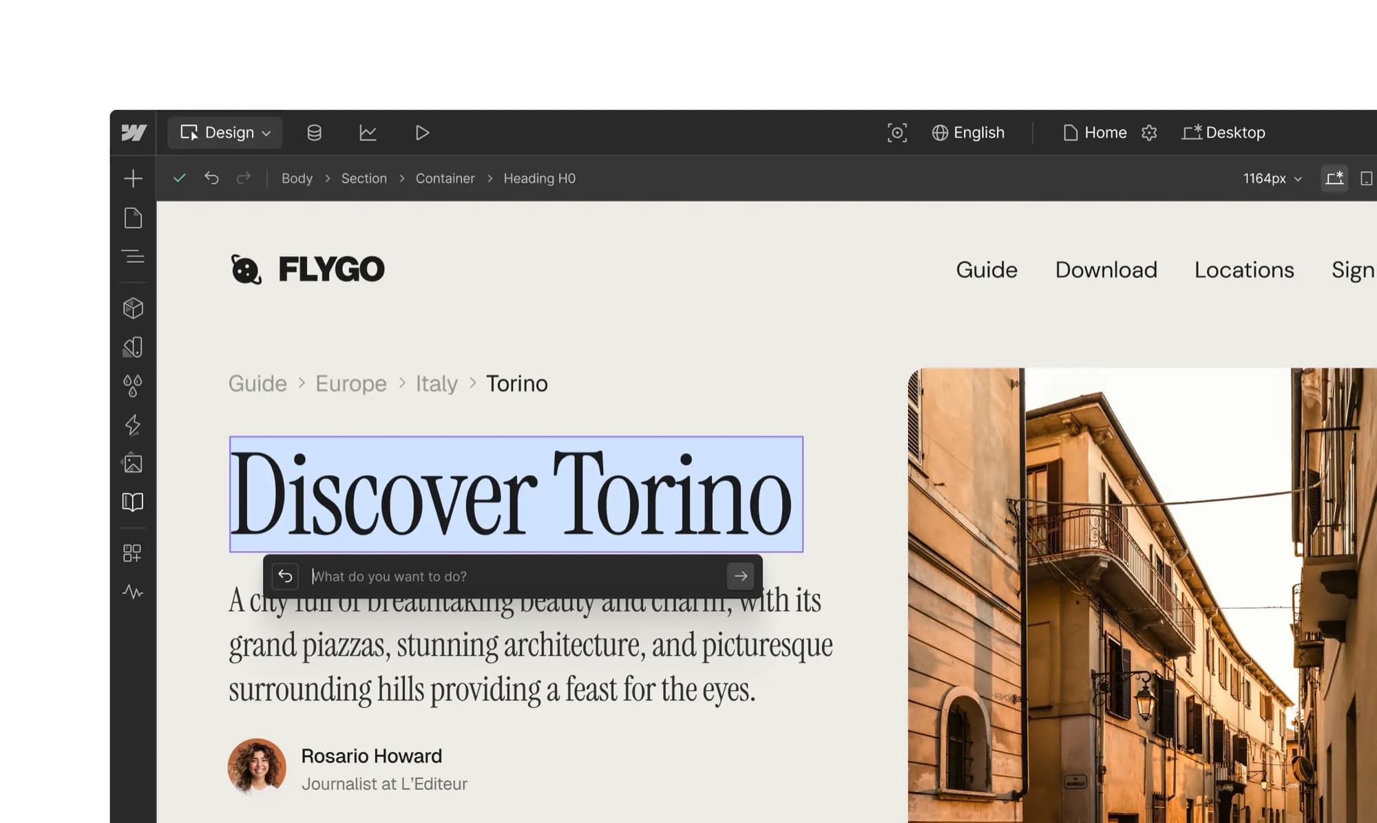 The Webflow Designer: a travel site open on the canvas with the Navigator on the left and the Style panel on the right