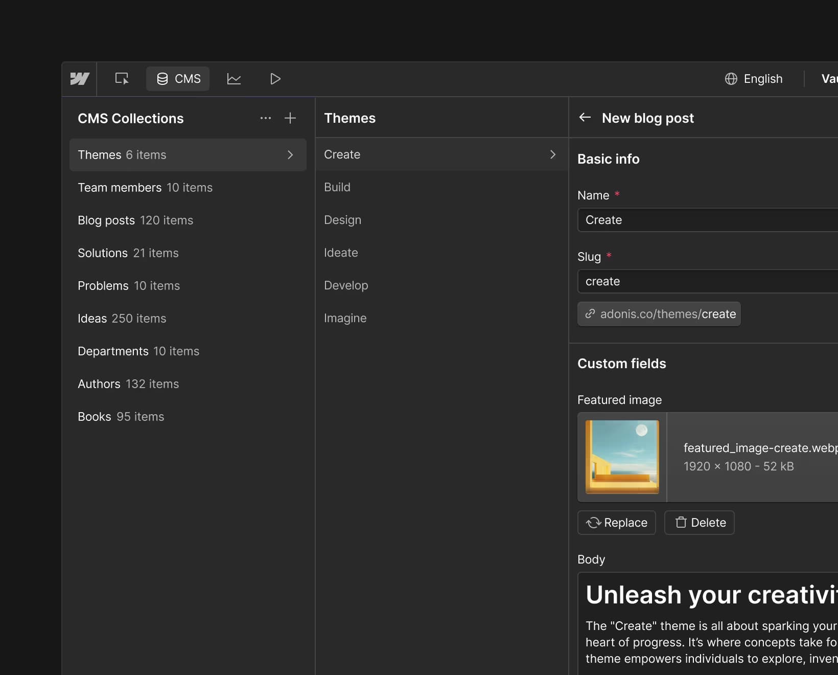 CMS Collections list with Blog posts 120 items and a New blog post form