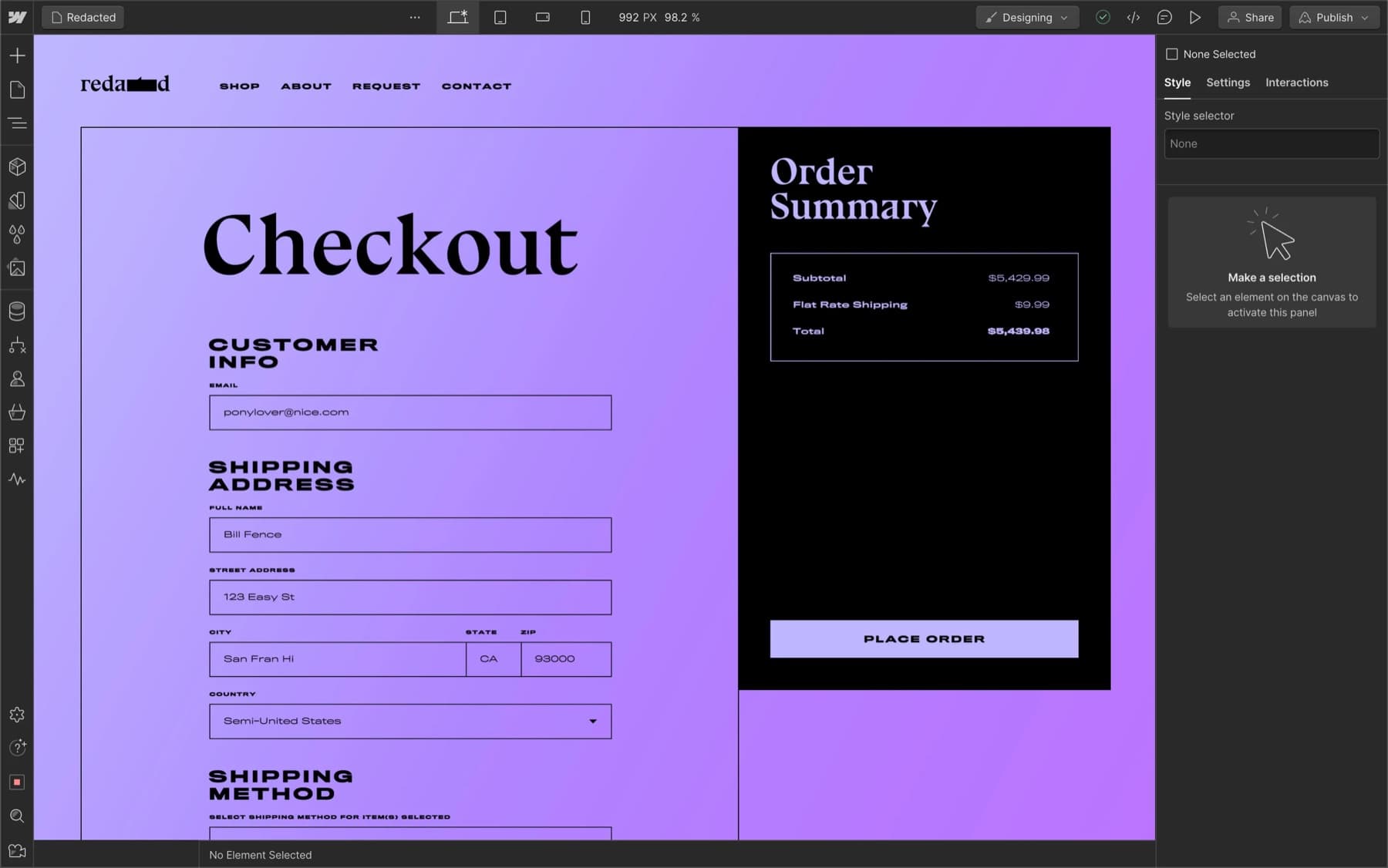 A checkout page open in the Webflow Designer