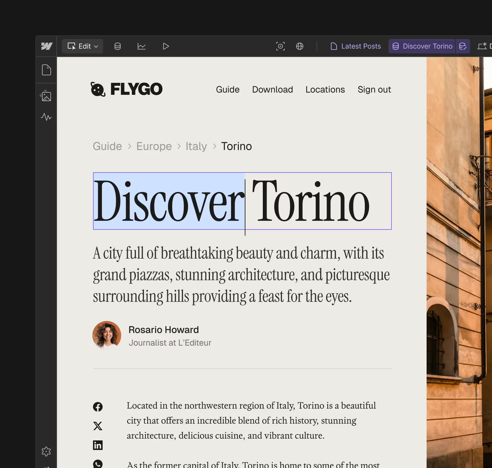 Edit mode: a heading being edited inline on the live site