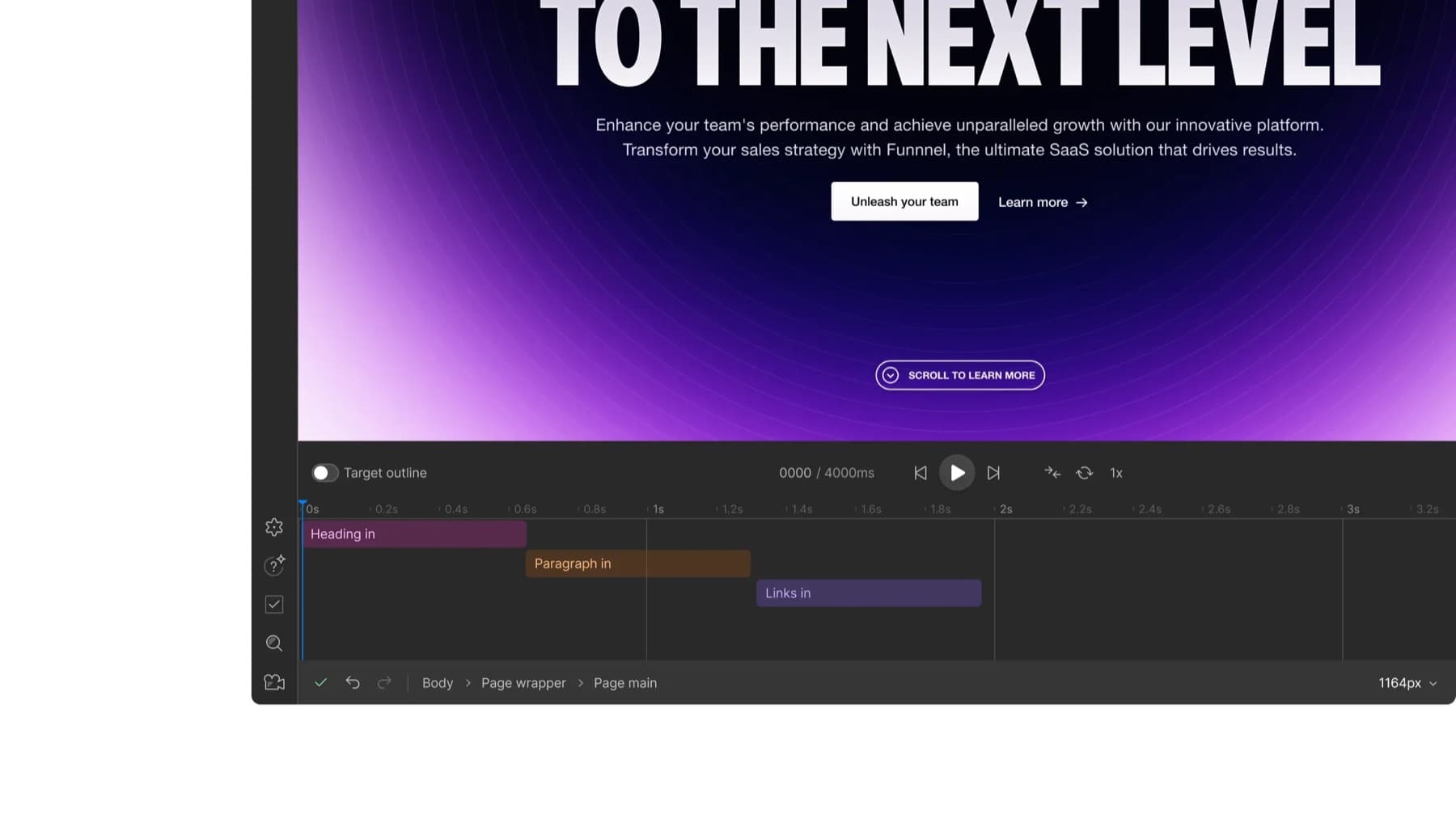 Interactions timeline with Heading in, Paragraph in and Links in tracks