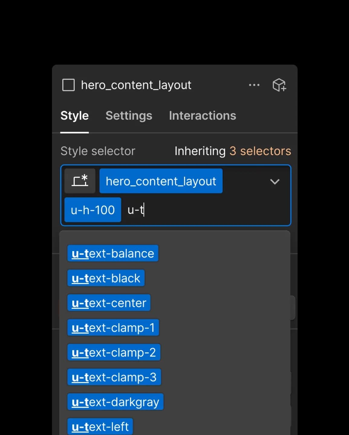 Style panel: selector hero_content_layout inheriting 3 selectors, utility class autocomplete open