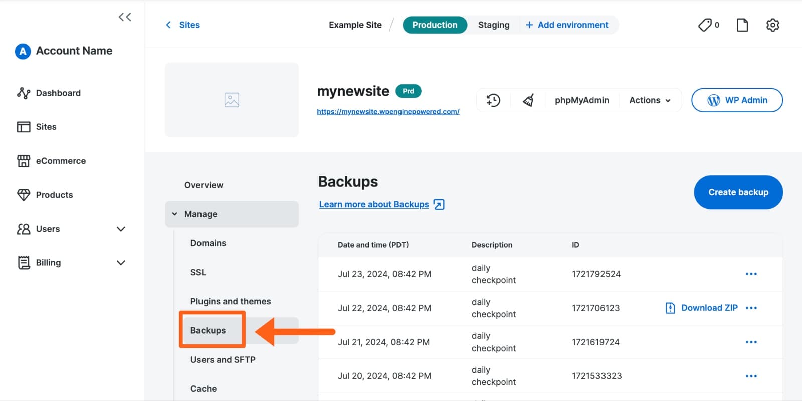 WP Engine Backups page listing daily checkpoints with dates