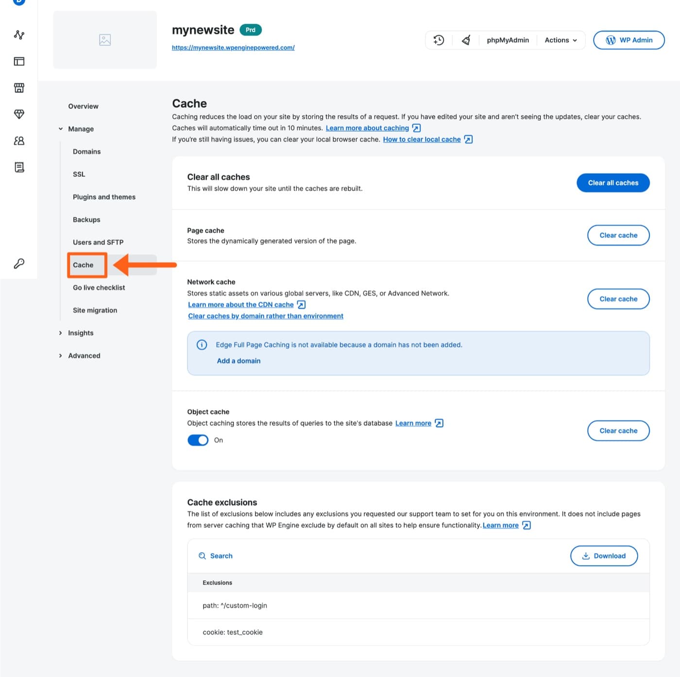 WP Engine Cache page: clear all caches, page cache, network cache, object cache toggle, exclusions