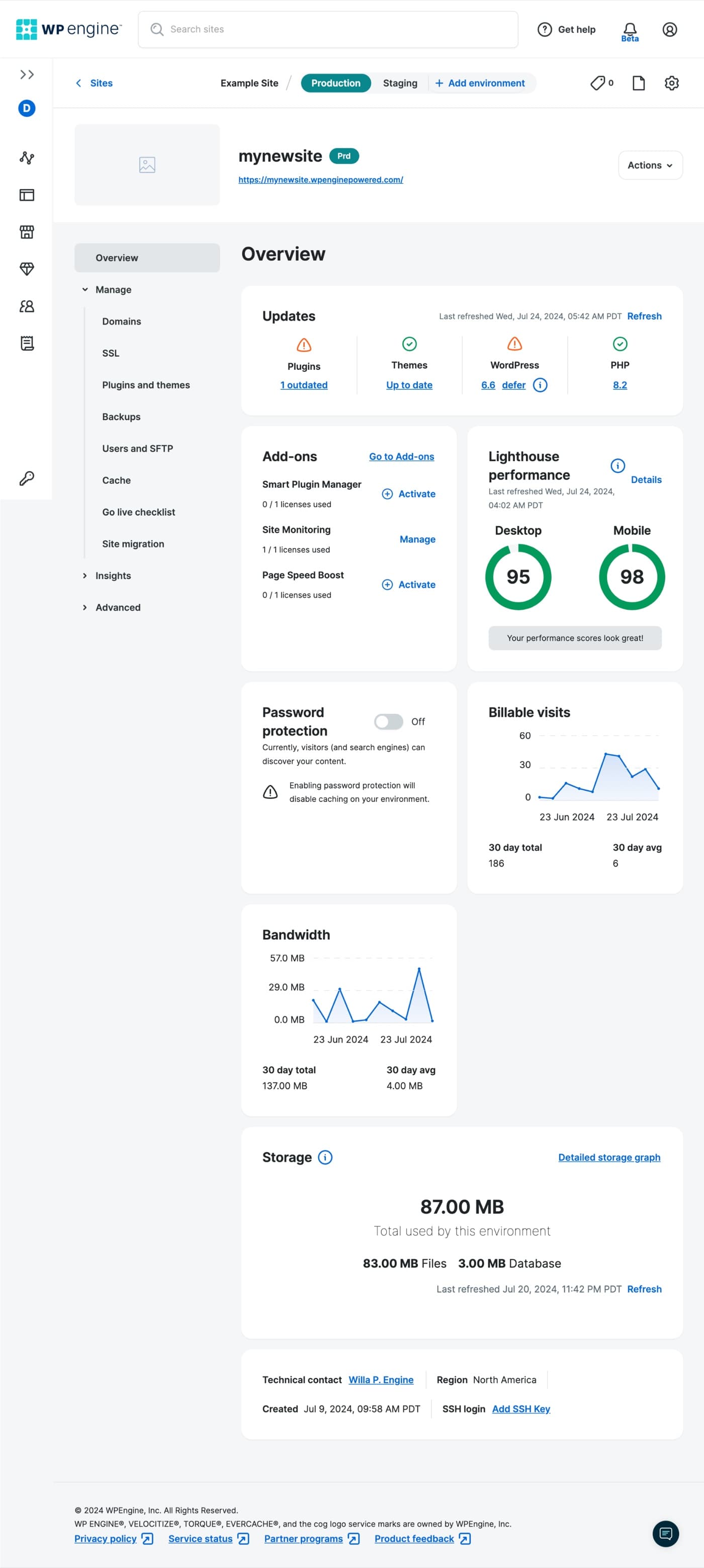 WP Engine environment overview with production, staging and development environments