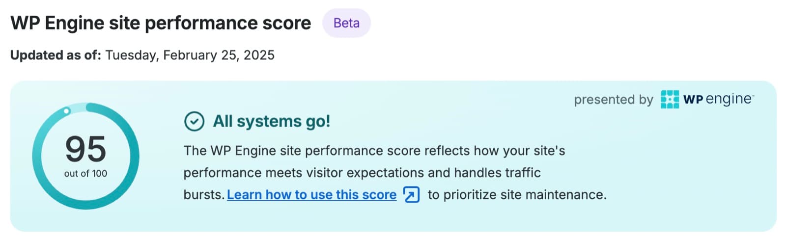 WP Engine site performance score panel: 95 out of 100, all systems go